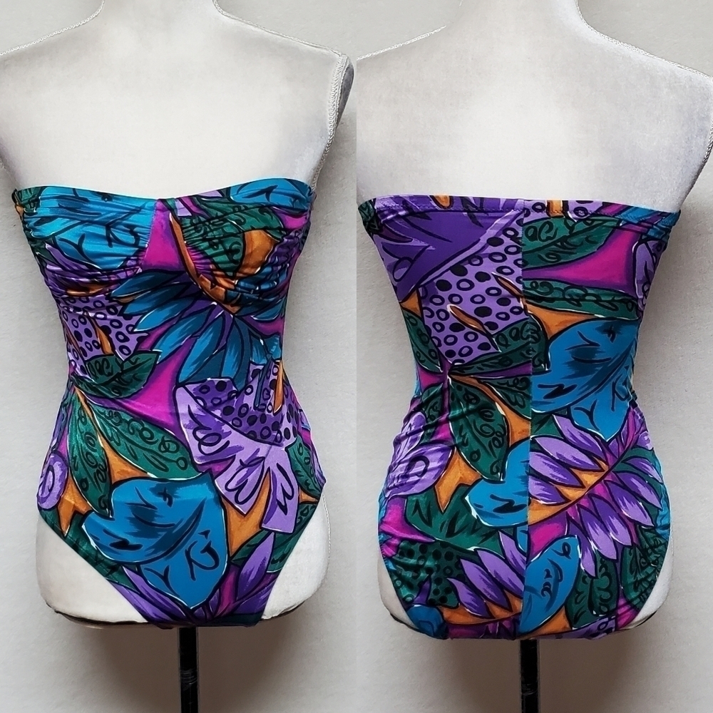 VINTAGE 70s Sirena Purple Tropical Strapless Medium Coverage Bustier Swimsuit